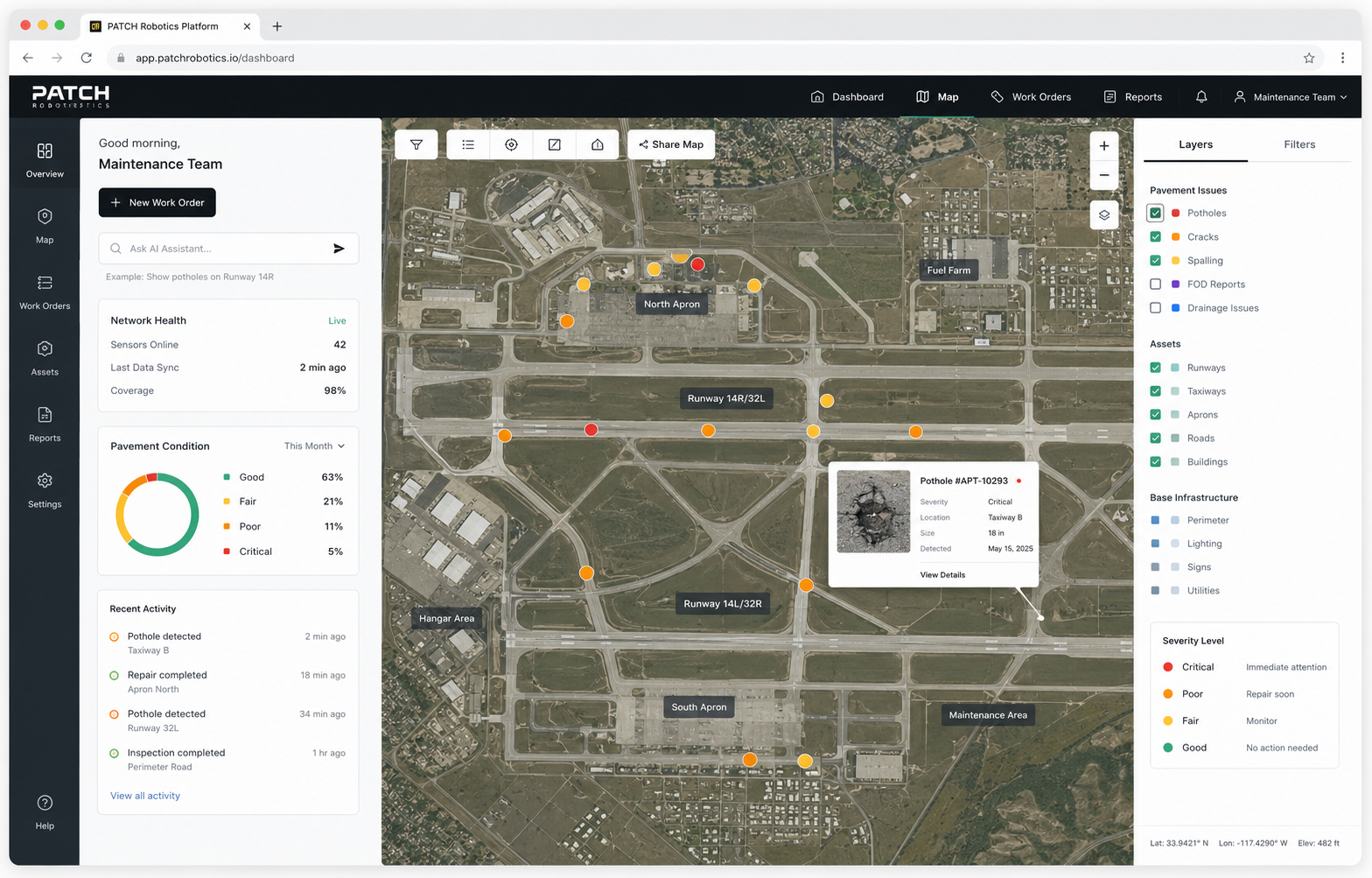 PATCH Robotics defect detection dashboard over an airfield map